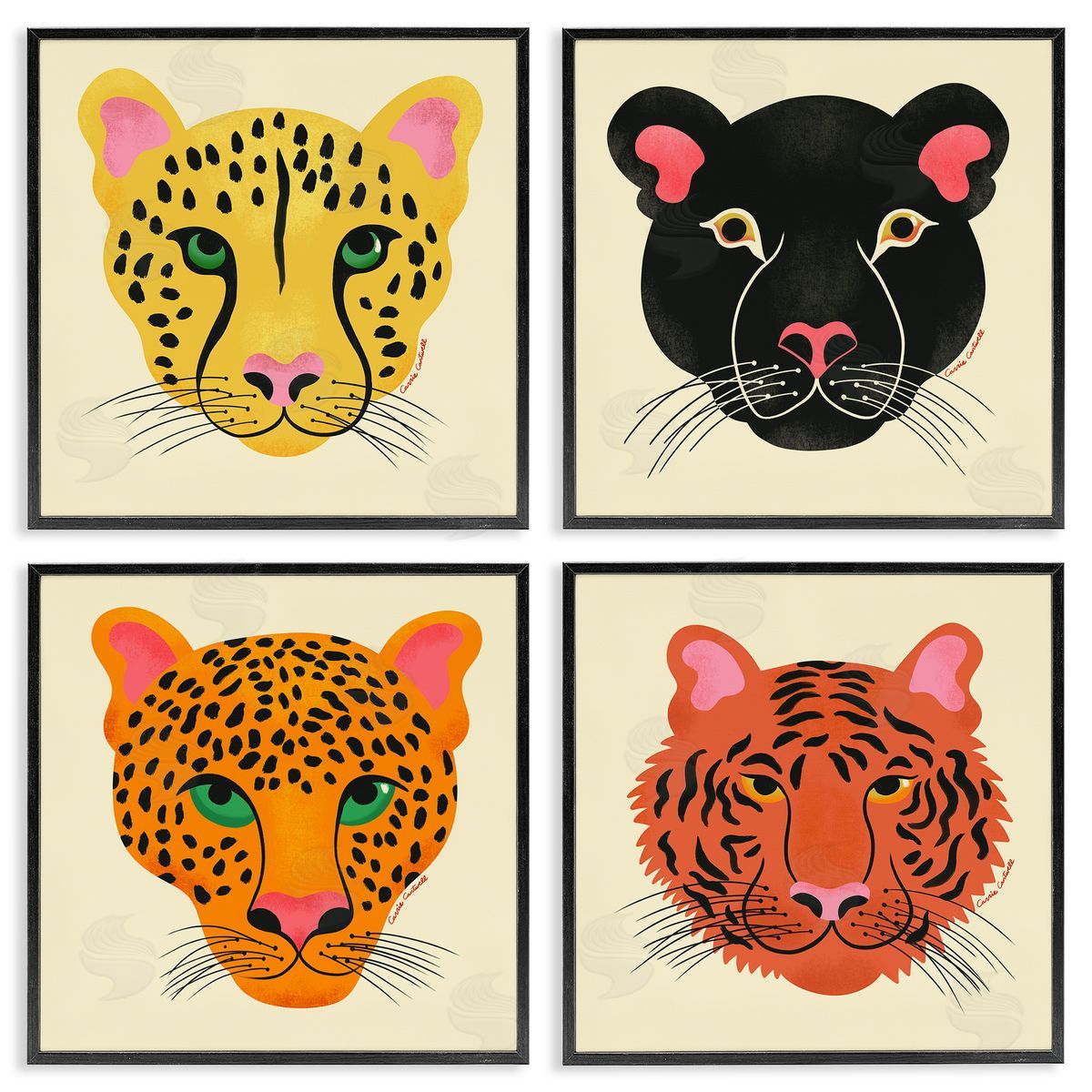 Modern Jungle Wildlife Faces Black Frame Print Wall Art, Home Decor by Carrie Cantwell