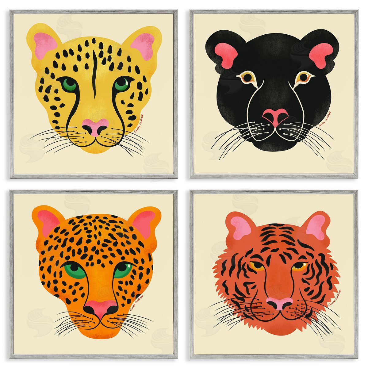 Modern Jungle Wildlife Faces Grey Frame Print Wall Art, Home Decor by Carrie Cantwell