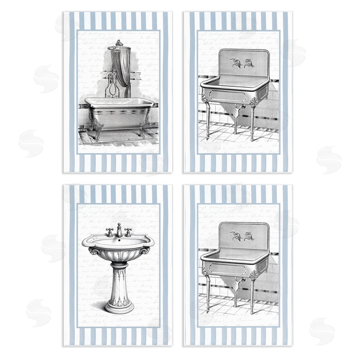 Lettered and Lined Antique Bathroom Blue Stripes Canvas Wall Art Print