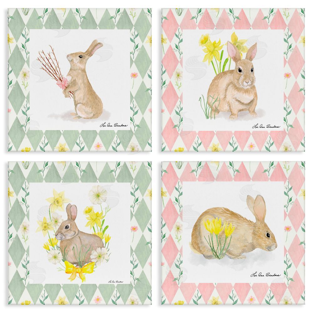 Lee Ann Sanders Spring Bunnies on Argyle Stretched Canvas Wall Art Print