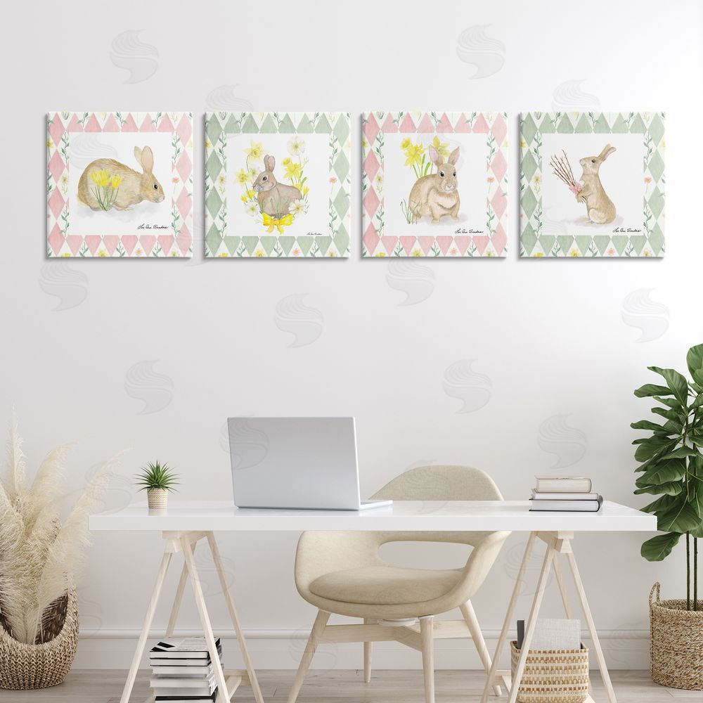 Lee Ann Sanders Spring Bunnies on Argyle Stretched Canvas Wall Art Print in Room