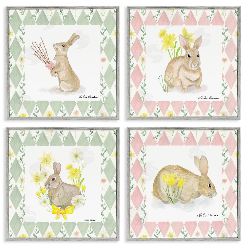 Lee Ann Sanders Spring Bunnies on Argyle Gray Framed Giclee Print Wall Art