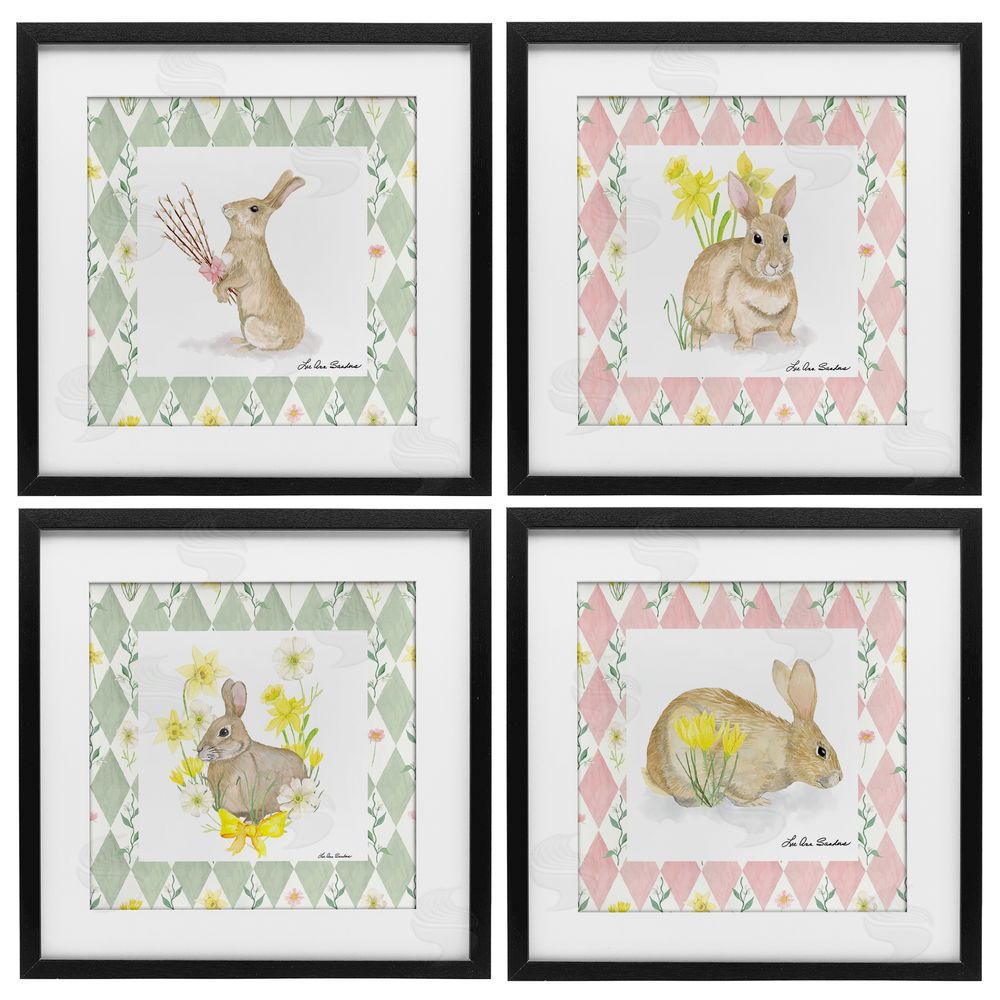 Lee Ann Sanders Spring Bunnies on Argyle Black Framed Print Under Glass Wall Art