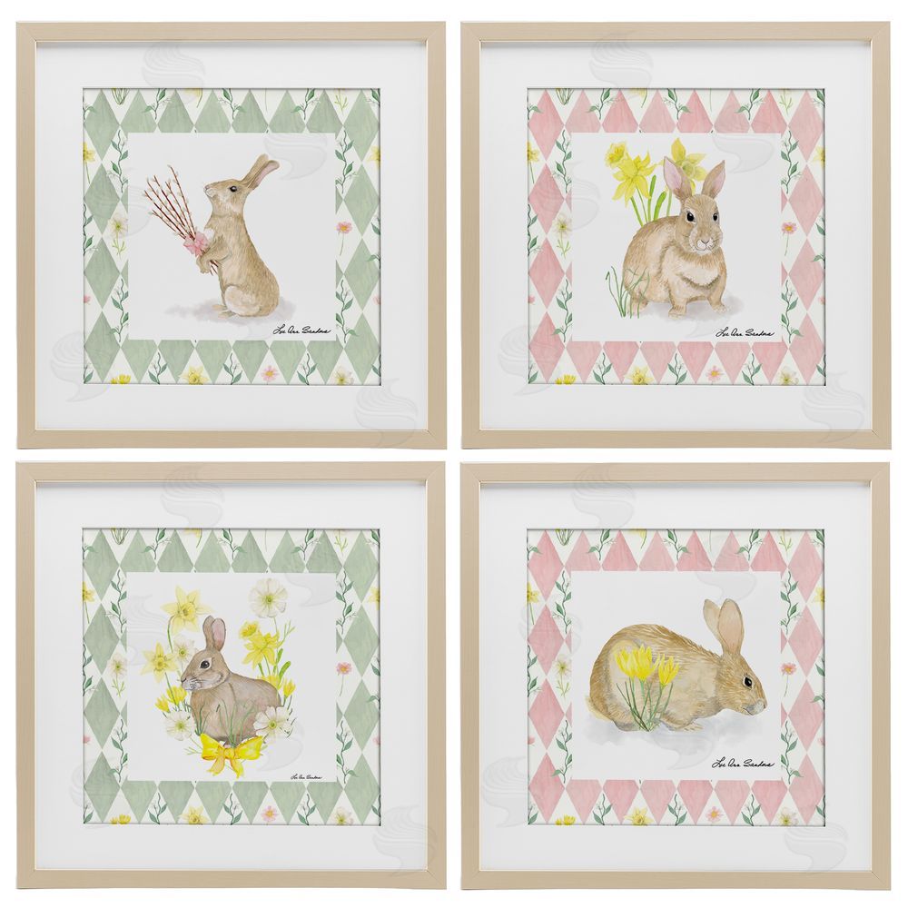 Lee Ann Sanders Spring Bunnies on Argyle Brown Framed Print Under Glass Wall Art