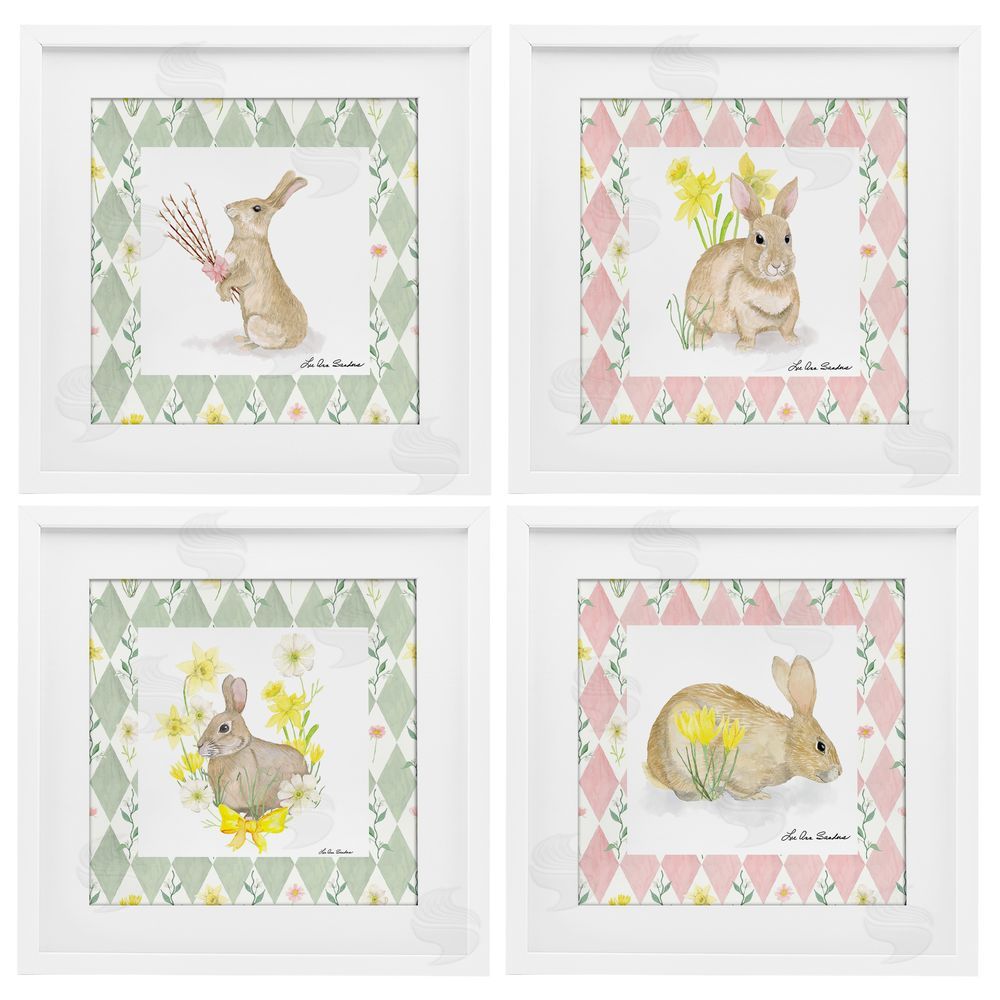 Lee Ann Sanders Spring Bunnies on Argyle White Framed Print Under Glass Wall Art