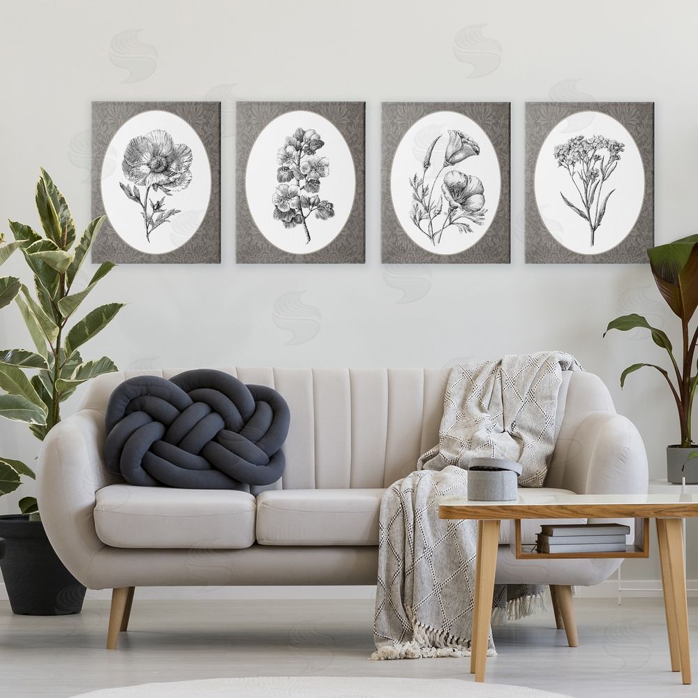 Lettered and Lined Ornate Blooms over Damask Stretched Canvas Wall Art Print in Room