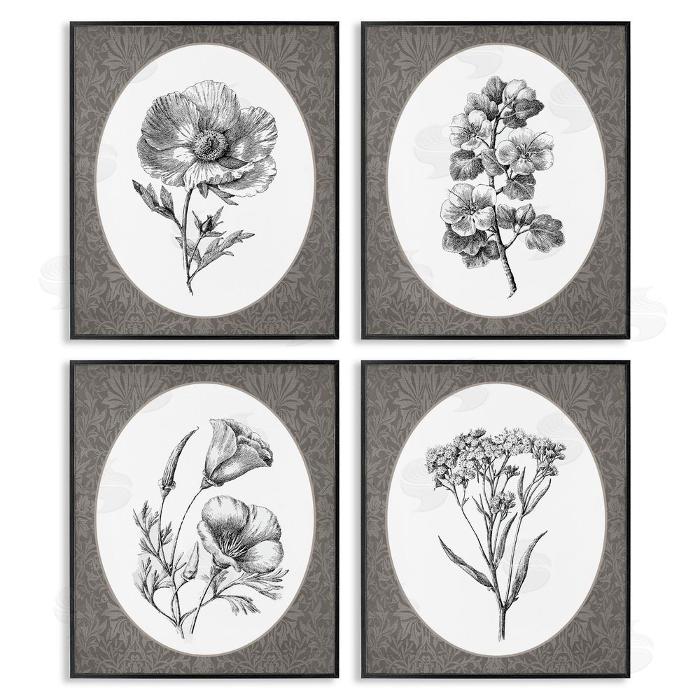 Lettered and Lined Ornate Blooms over Damask Black Framed Giclee Print Wall Art