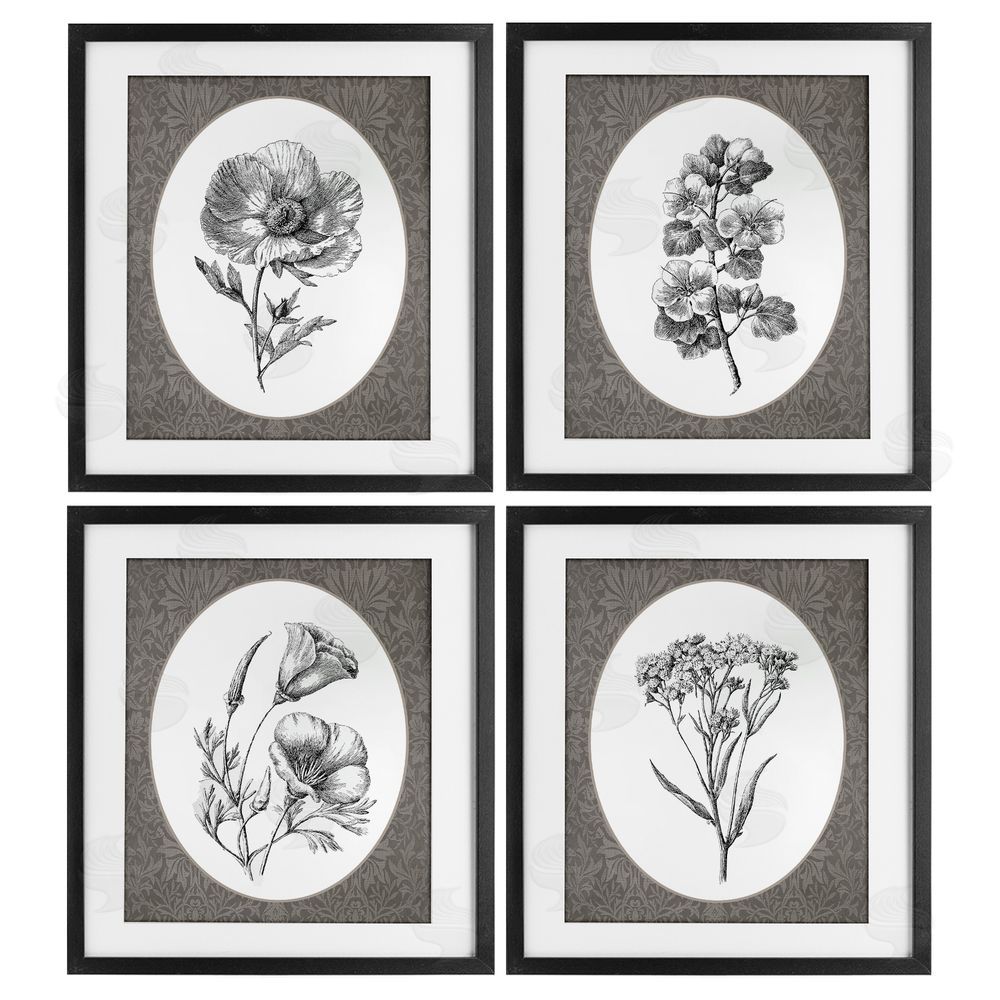 Lettered and Lined Ornate Blooms over Damask Black Framed Print Under Glass Wall Art
