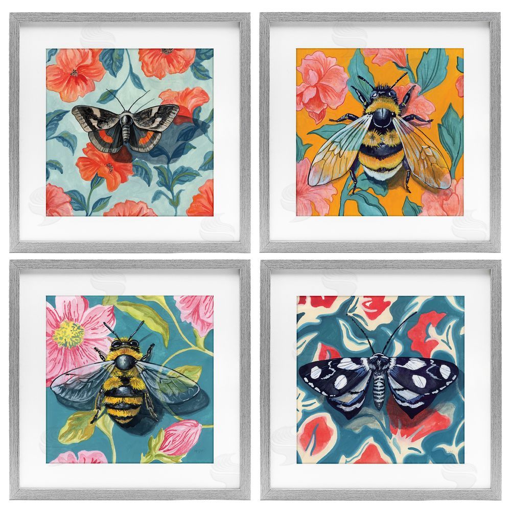 Kate Jarvik Birch Insects on Flower Patterns Gray Framed Print Under Glass Wall Art