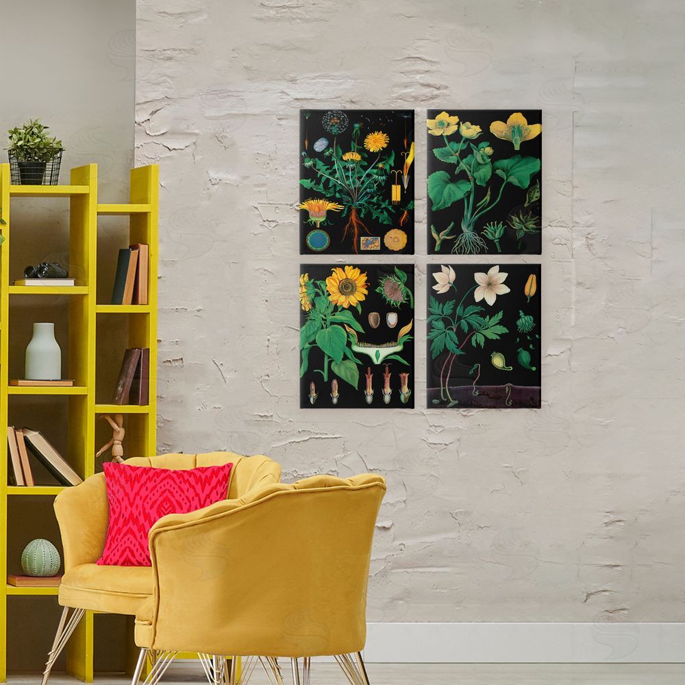 Vintage Hustle Botanical Illustrations on Black Stretched Canvas Wall Art in Room