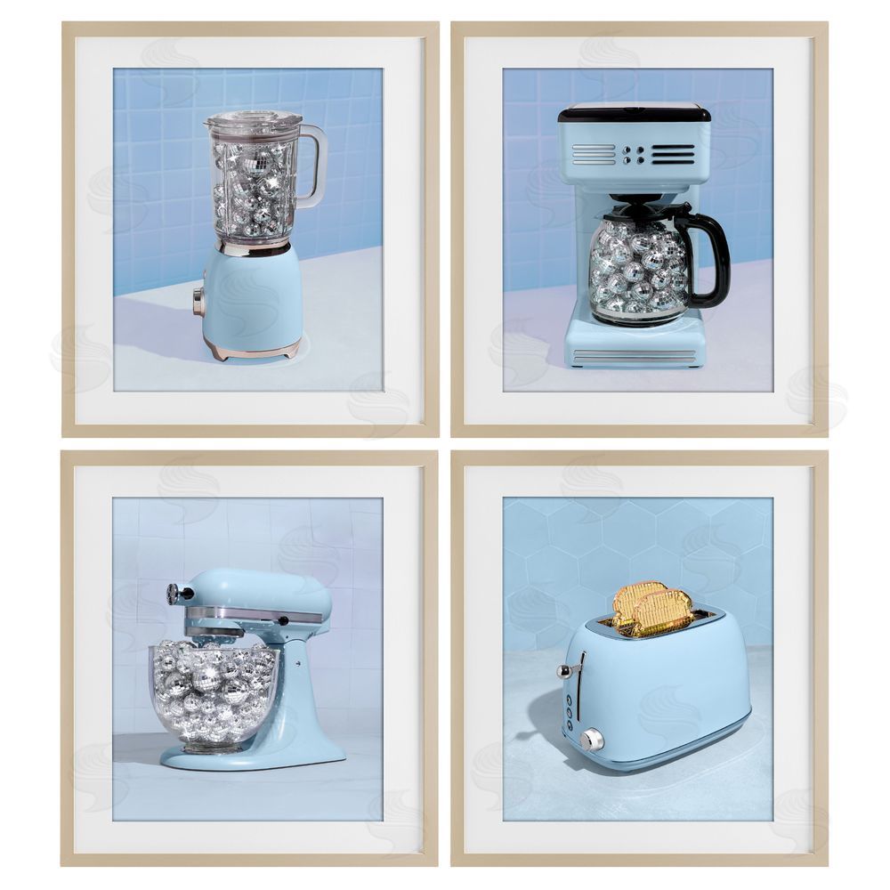 LISH Creative Disco Kitchen Set over Blue Brown Framed Print Under Glass Wall Art