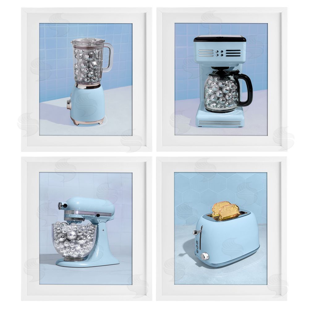 LISH Creative Disco Kitchen Set over Blue White Framed Print Under Glass Wall Art