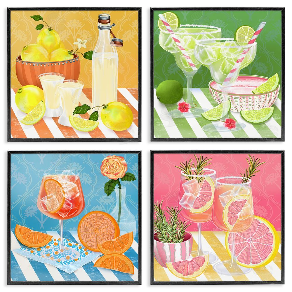 Lori Mosley Cocktails & Lemons on Stripes Black Framed Giclee Wall Art Print