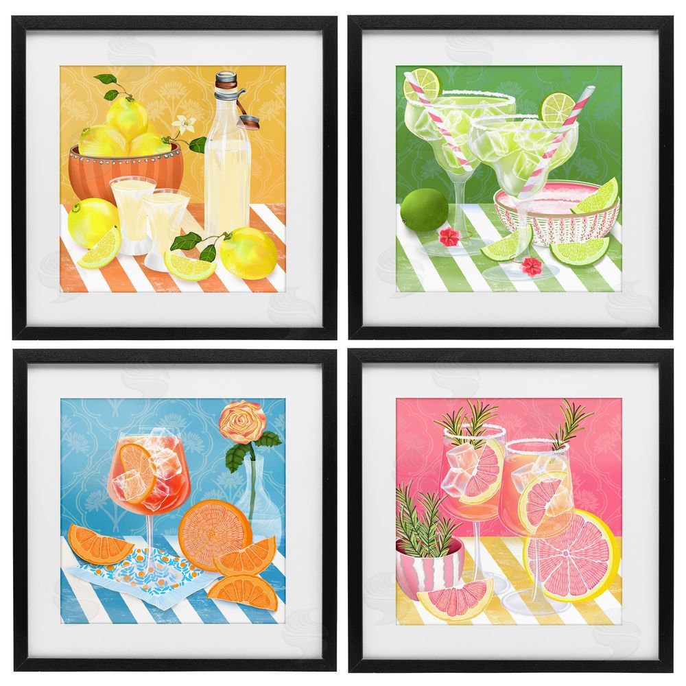 Lori Mosley Cocktails & Lemons on Stripes Black Framed Print Under Glass Wall Art