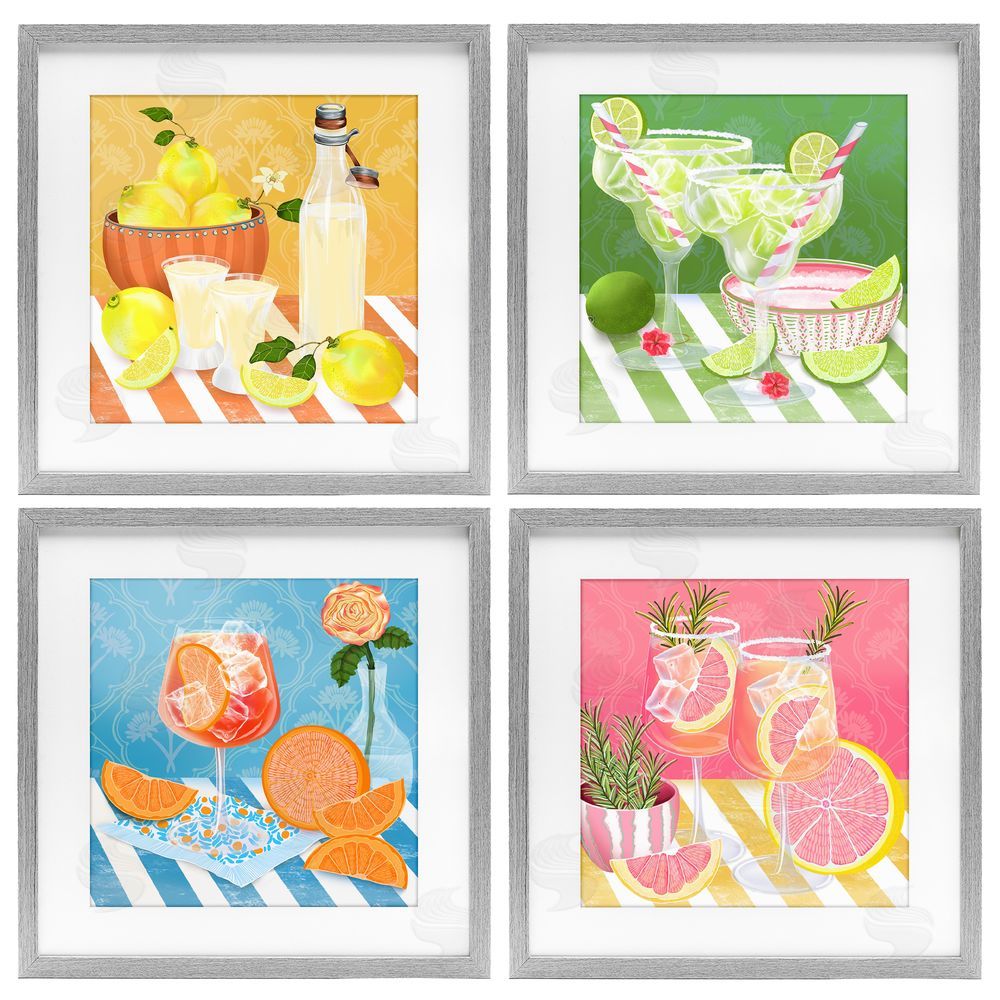 Lori Mosley Cocktails & Lemons on Stripes Gray Framed Print Under Glass Wall Art