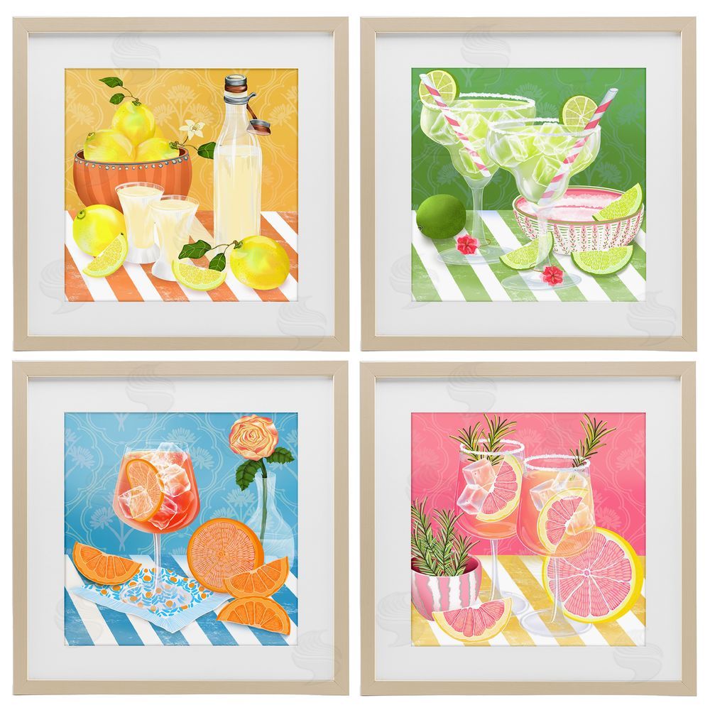 Lori Mosley Cocktails & Lemons on Stripes Brown Framed Print Under Glass Wall Art