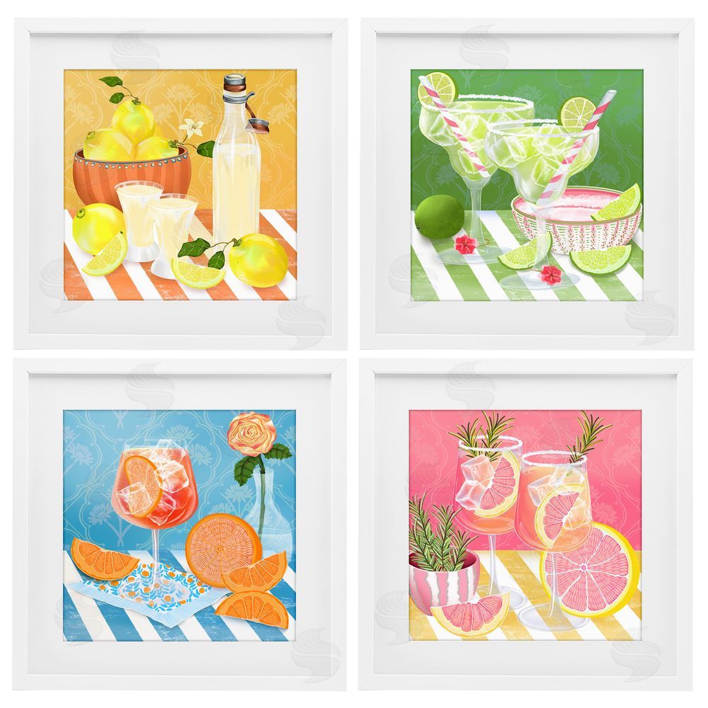 Lori Mosley Cocktails & Lemons on Stripes White Framed Print Under Glass Wall Art