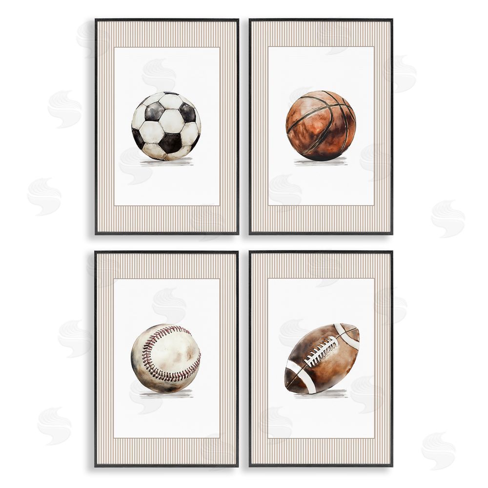 Christine Simpson Art Vintage Sports Beige Stripes Black Framed Giclee Wall Art Print