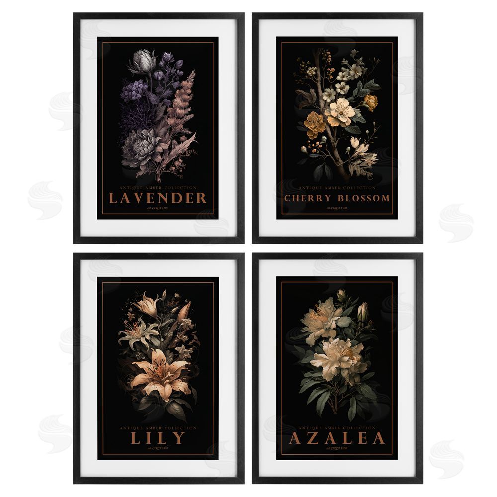 Chris Giampietro Antique Varied Botanical Blooms Black Framed Print Under Glass with Matting Wall Art