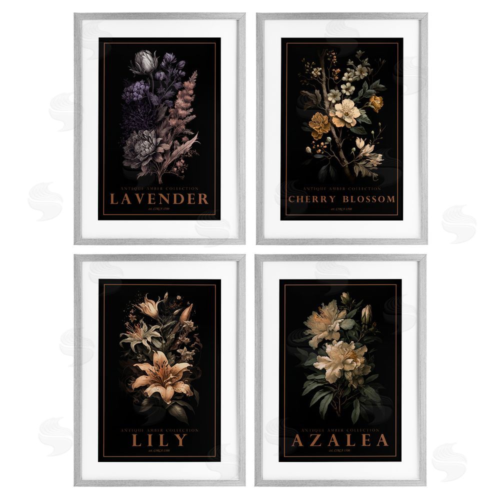 Chris Giampietro Antique Varied Botanical Blooms Gray Framed Print Under Glass with Matting Wall Art