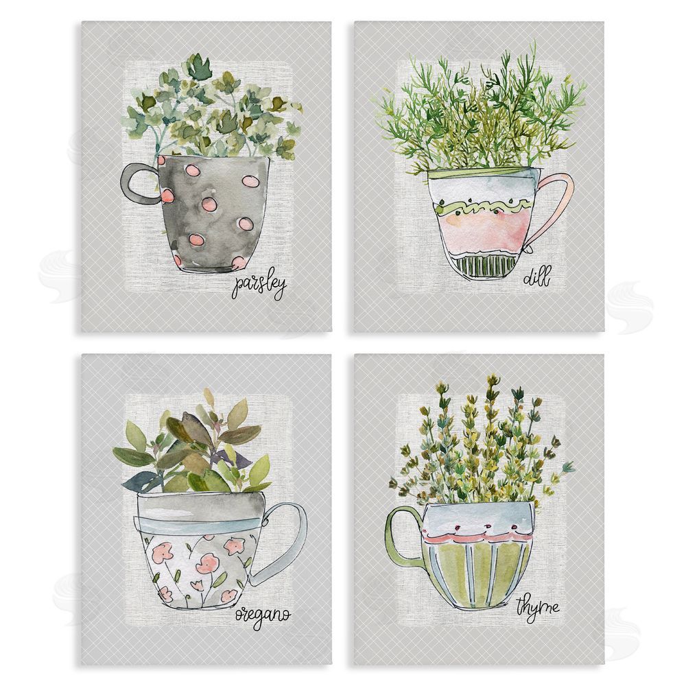 Livi Finn Kitchen Herbs in Mugs Stretched Canvas Wall Art Print