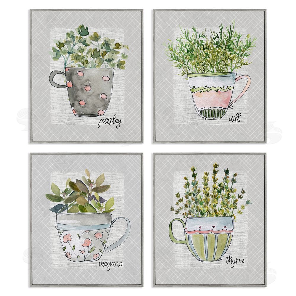 Livi Finn Kitchen Herbs in Mugs Gray Framed Giclee Wall Art Print