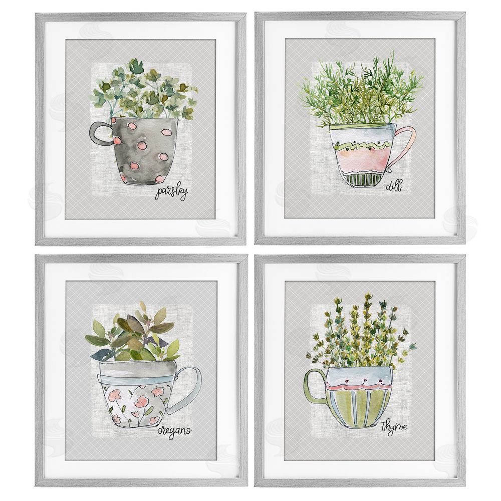 Livi Finn Kitchen Herbs in Mugs Gray Framed Print Under Glass Wall Art
