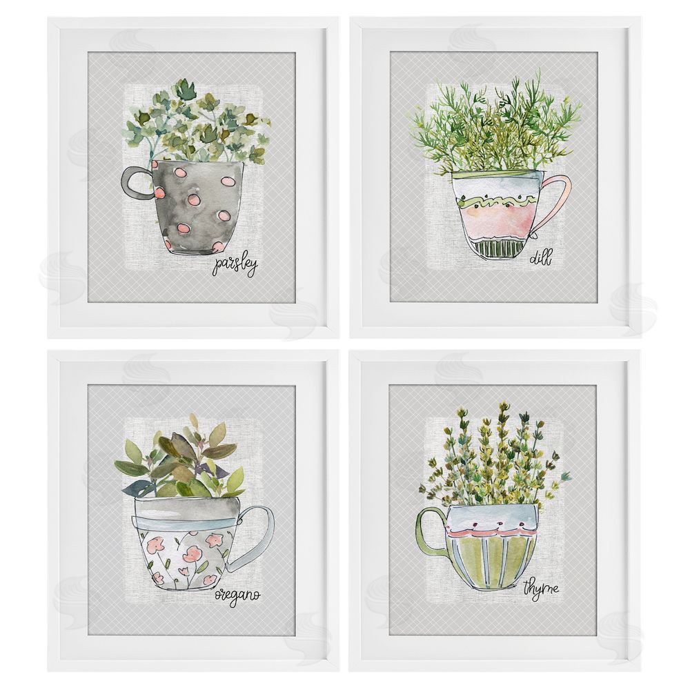Livi Finn Kitchen Herbs in Mugs White Framed Print Under Glass Wall Art