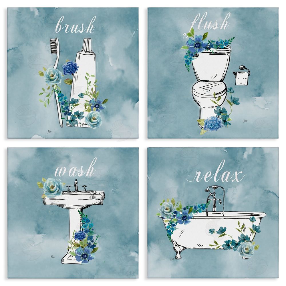 Nan Blue Floral Bathroom Rules Stretched Canvas Wall Art Print