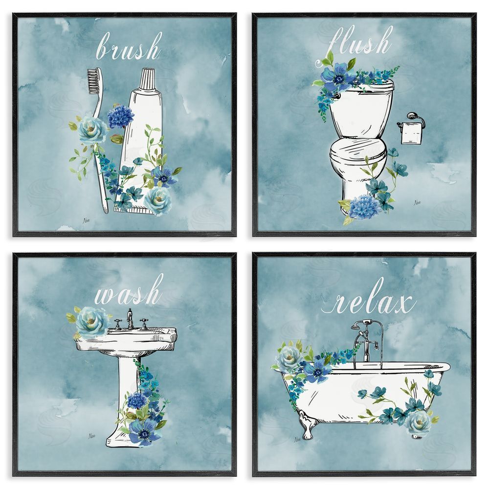 Nan Blue Floral Bathroom Rules Black Framed Giclee Wall Art Print
