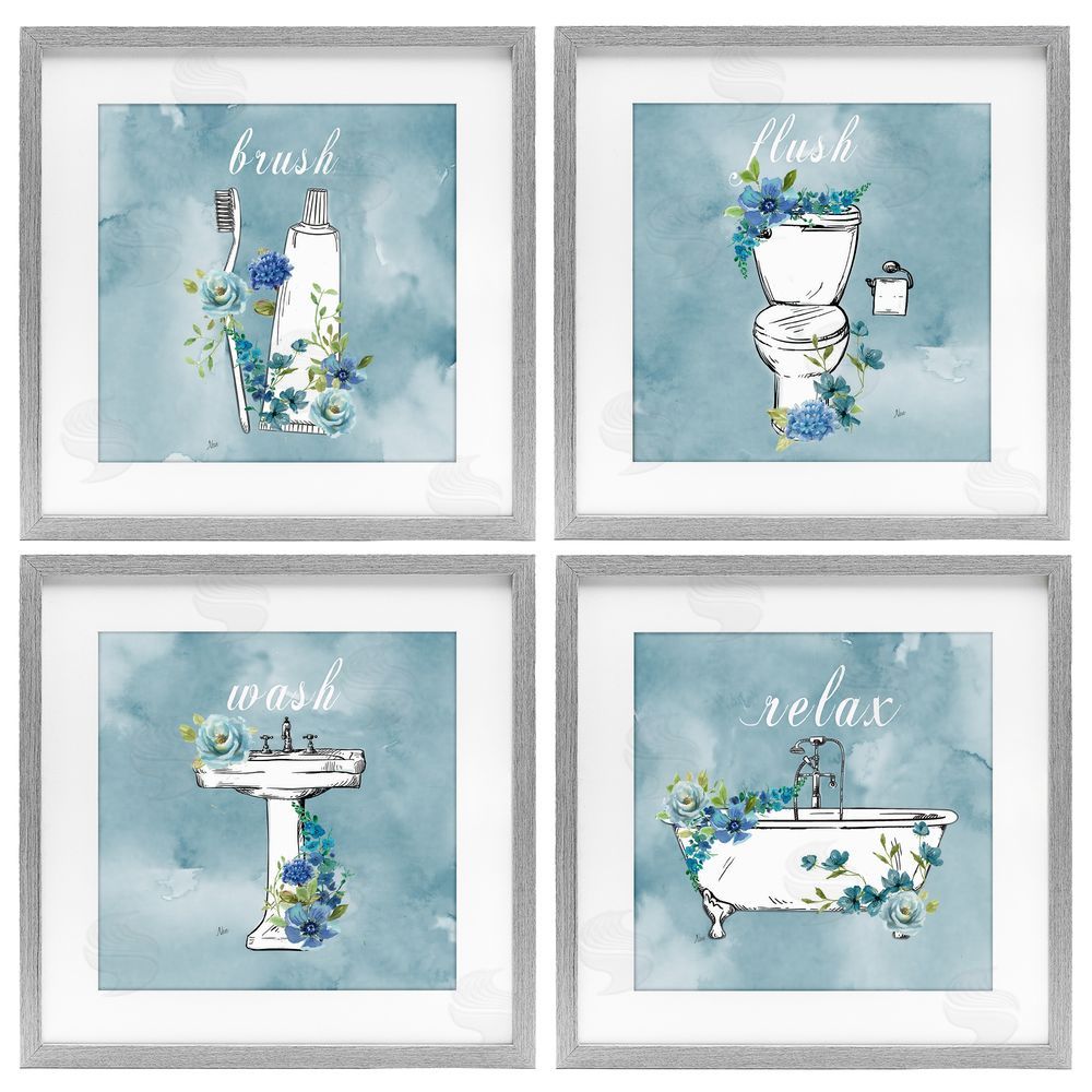 Nan Blue Floral Bathroom Rules Gray Framed Print Under Glass with Matting Wall Art