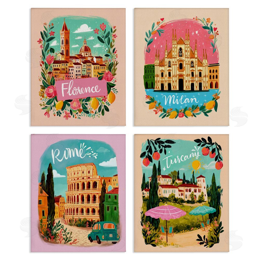 Yen Italy Travel Locations with Florals Stretched Canvas Wall Art Print