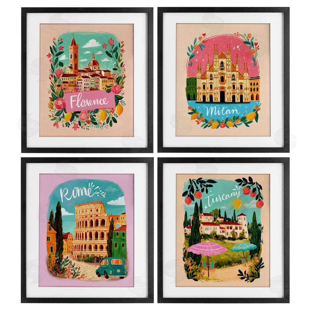 Yen Italy Travel Locations with Florals Black Framed Print Under Glass Wall Art