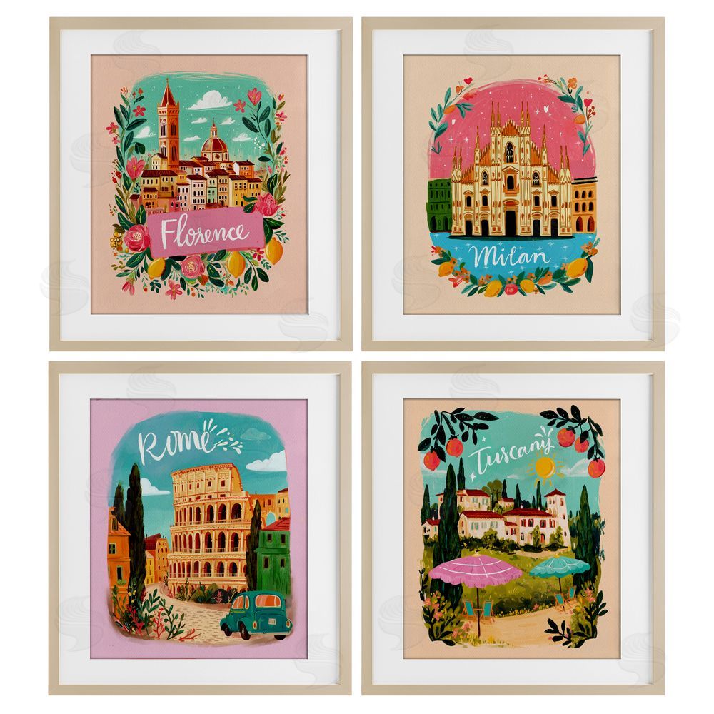 Yen Italy Travel Locations with Florals Brown Framed Print Under Glass Wall Art