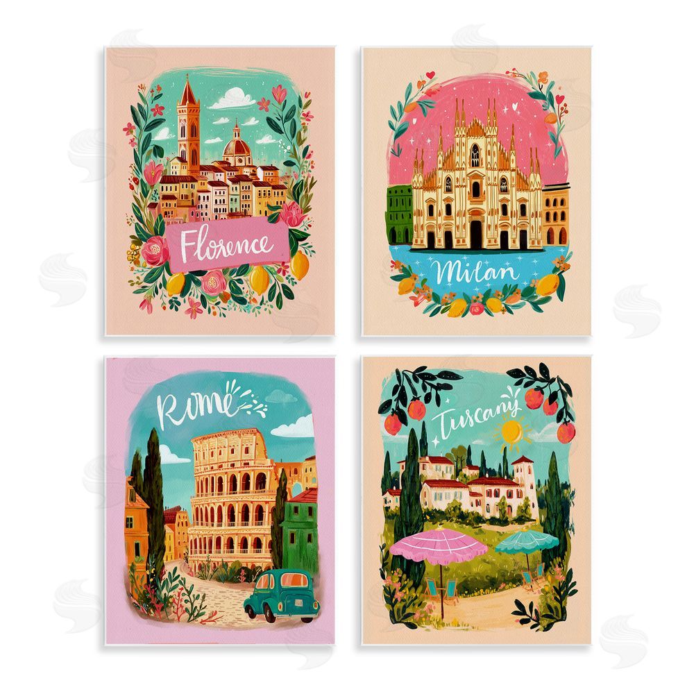Yen Italy Travel Locations with Florals Wooden Wall Plaque Art Print