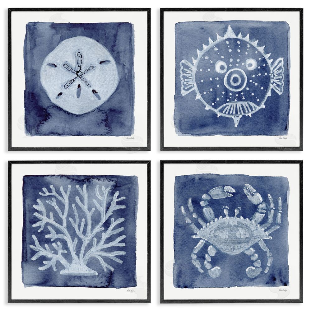 Patti Bishop Aquatic Creatures on Indigo Black Framed Giclee Wall Art Print