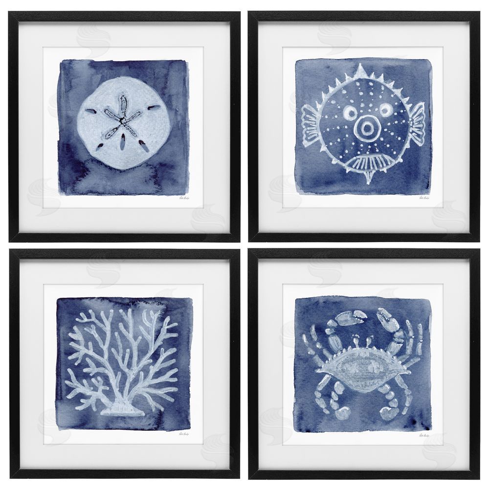 Patti Bishop Aquatic Creatures on Indigo Black Framed Print Under Glass Wall Art