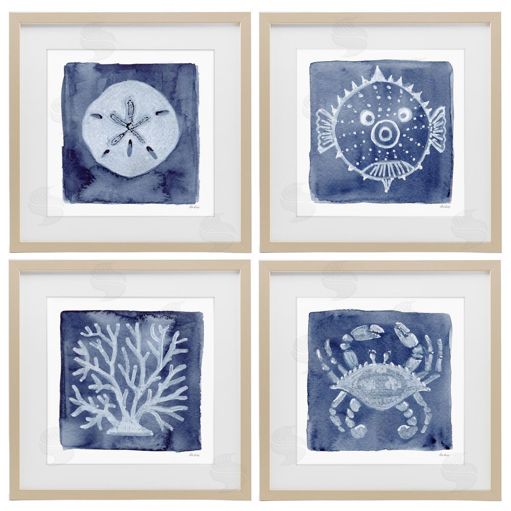 Patti Bishop Aquatic Creatures on Indigo Brown Framed Print Under Glass Wall Art