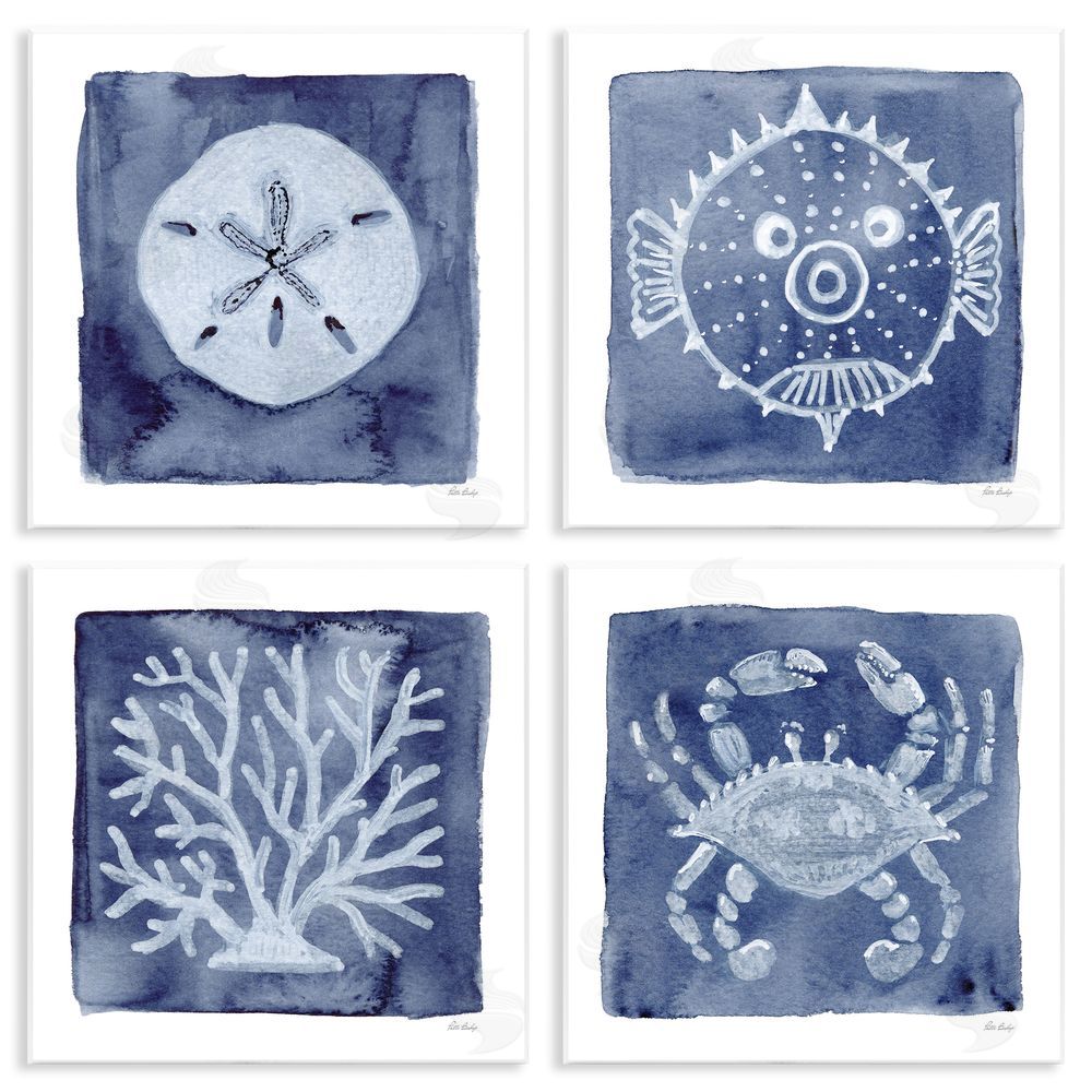 Patti Bishop Aquatic Creatures on Indigo Wooden Wall Plaque Art Print