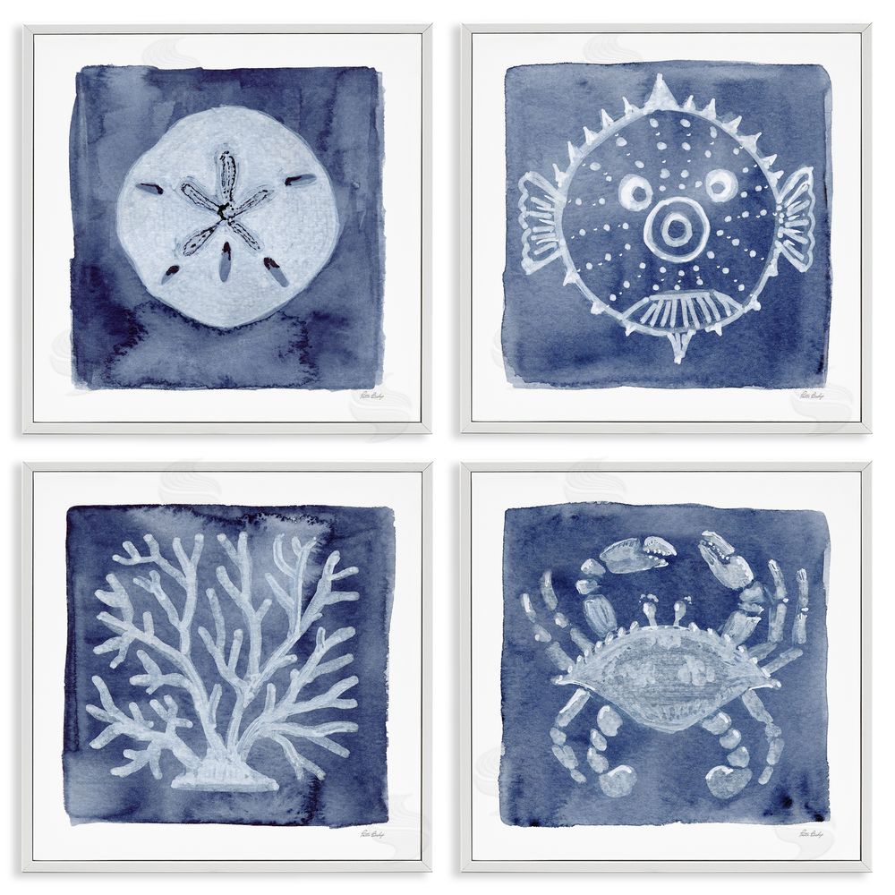 Patti Bishop Aquatic Creatures on Indigo White Framed Giclee Wall Art Print