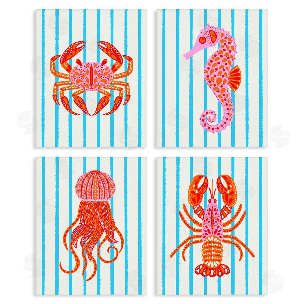 Indira Prieto | IndySign Bright Sea Creatures on Stripes Stretched Canvas Wall Art Print