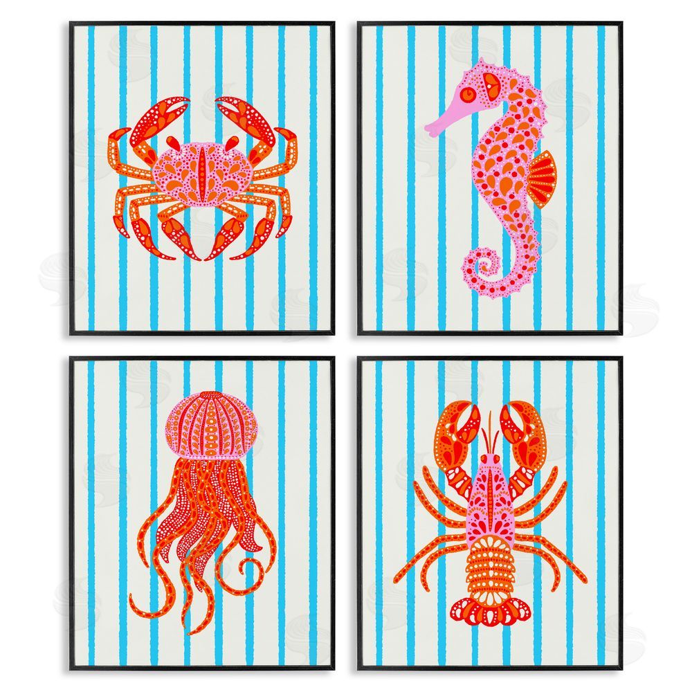 Indira Prieto | IndySign Bright Sea Creatures on Stripes Black Framed Giclee Wall Art Print