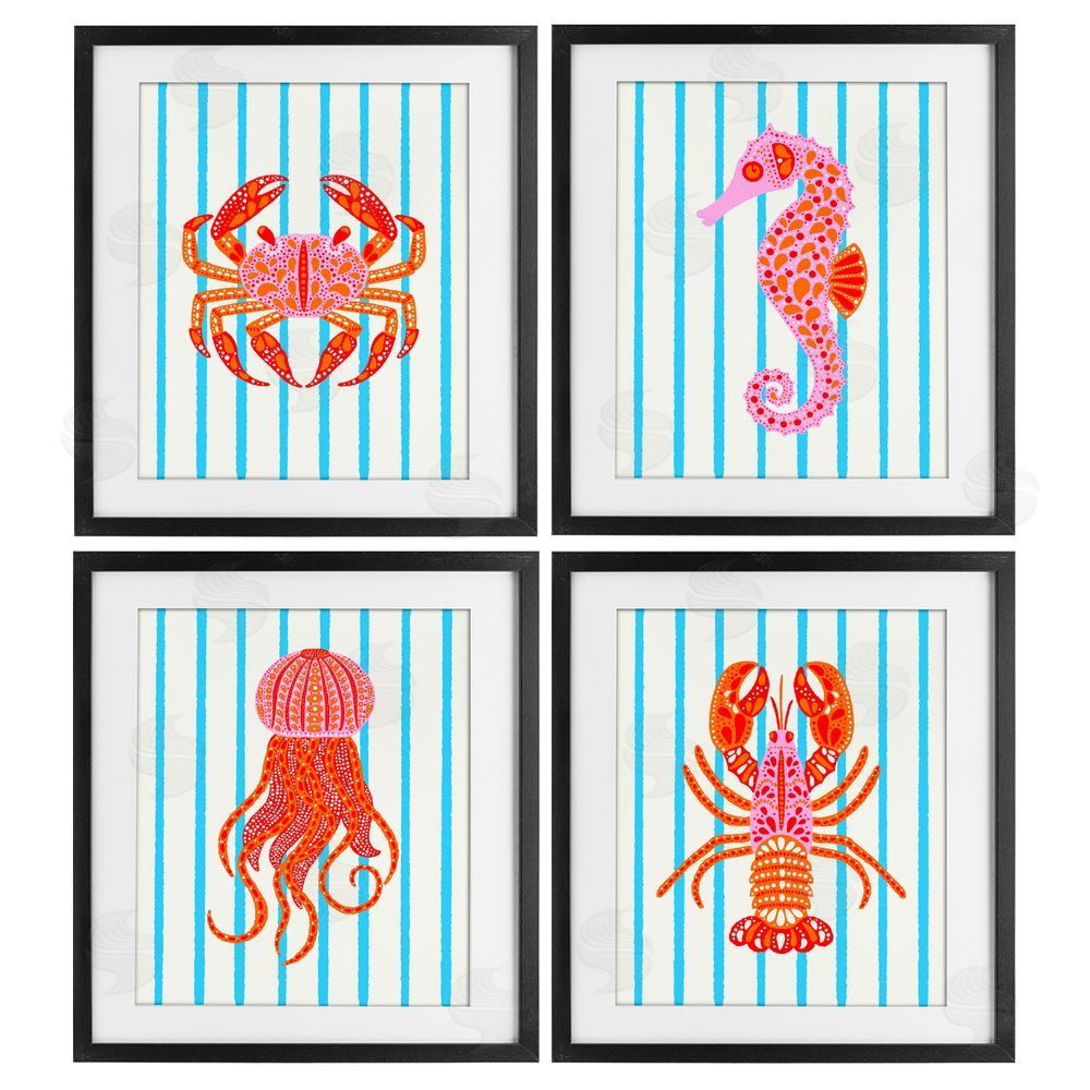 Indira Prieto | IndySign Bright Sea Creatures on Stripes Black Framed Print Under Glass Wall Art