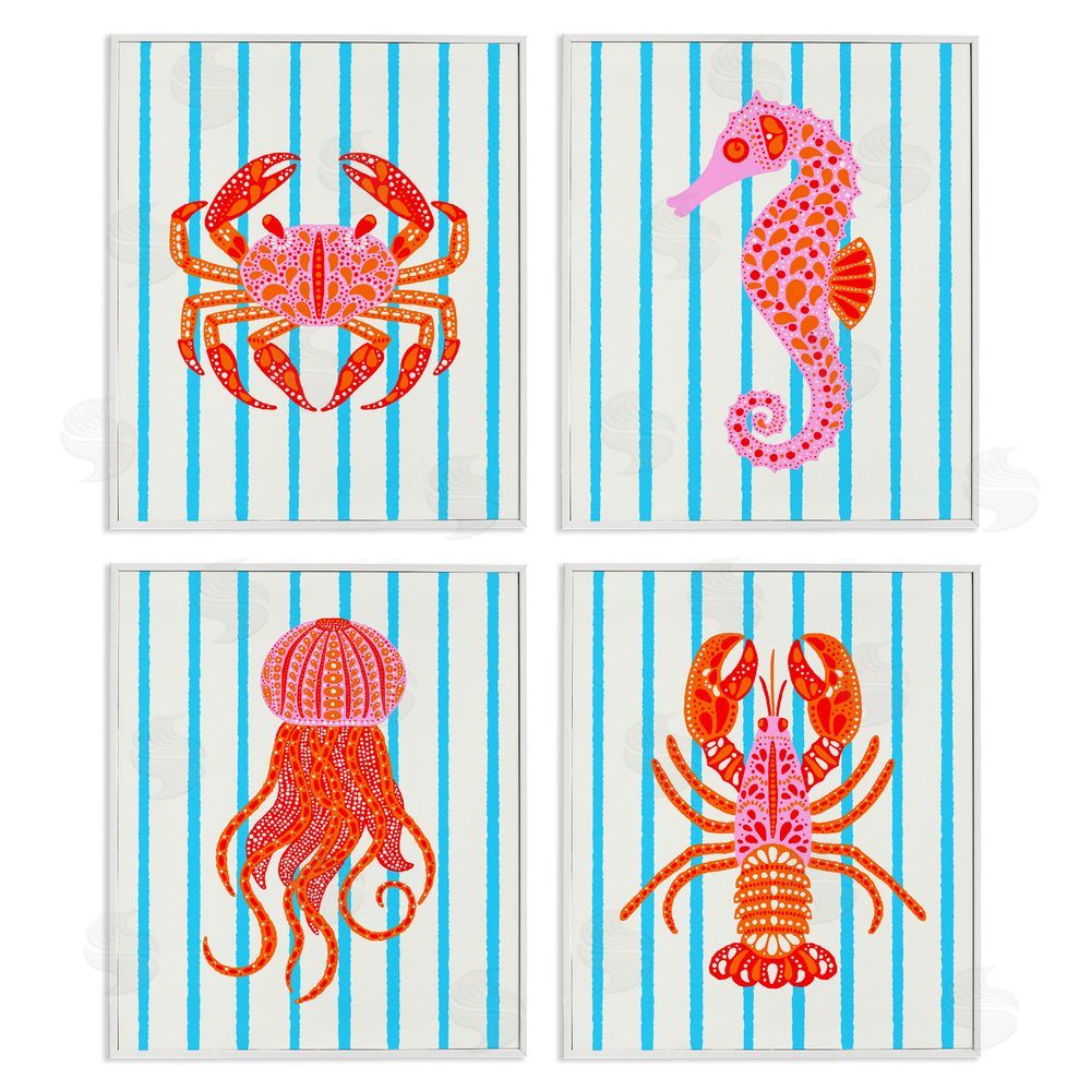 Indira Prieto | IndySign Bright Sea Creatures on Stripes White Framed Giclee Wall Art Print