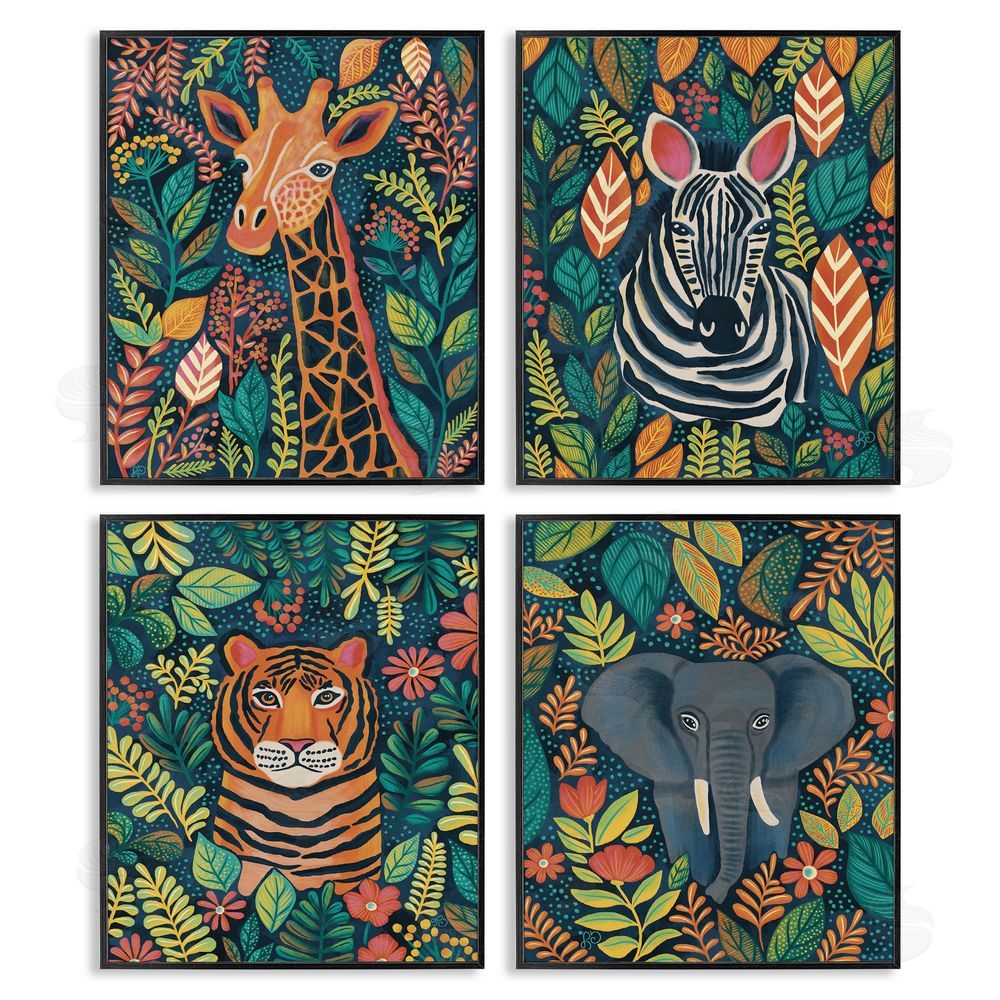 Lisa R Dumm Jungle Leaf Pattern Animals Black Framed Giclee Wall Art
