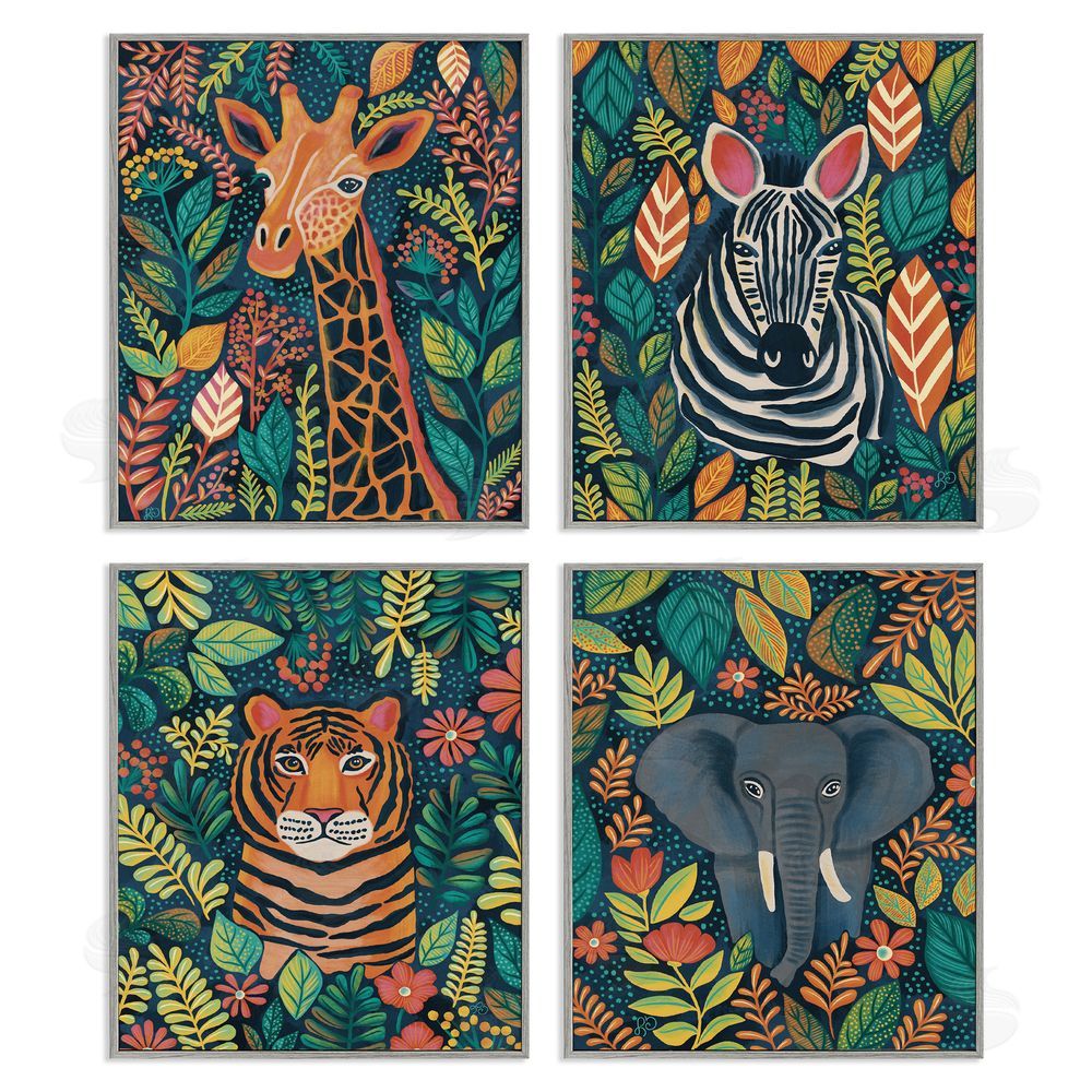 Lisa R Dumm Jungle Leaf Pattern Animals Gray Framed Giclee Wall Art