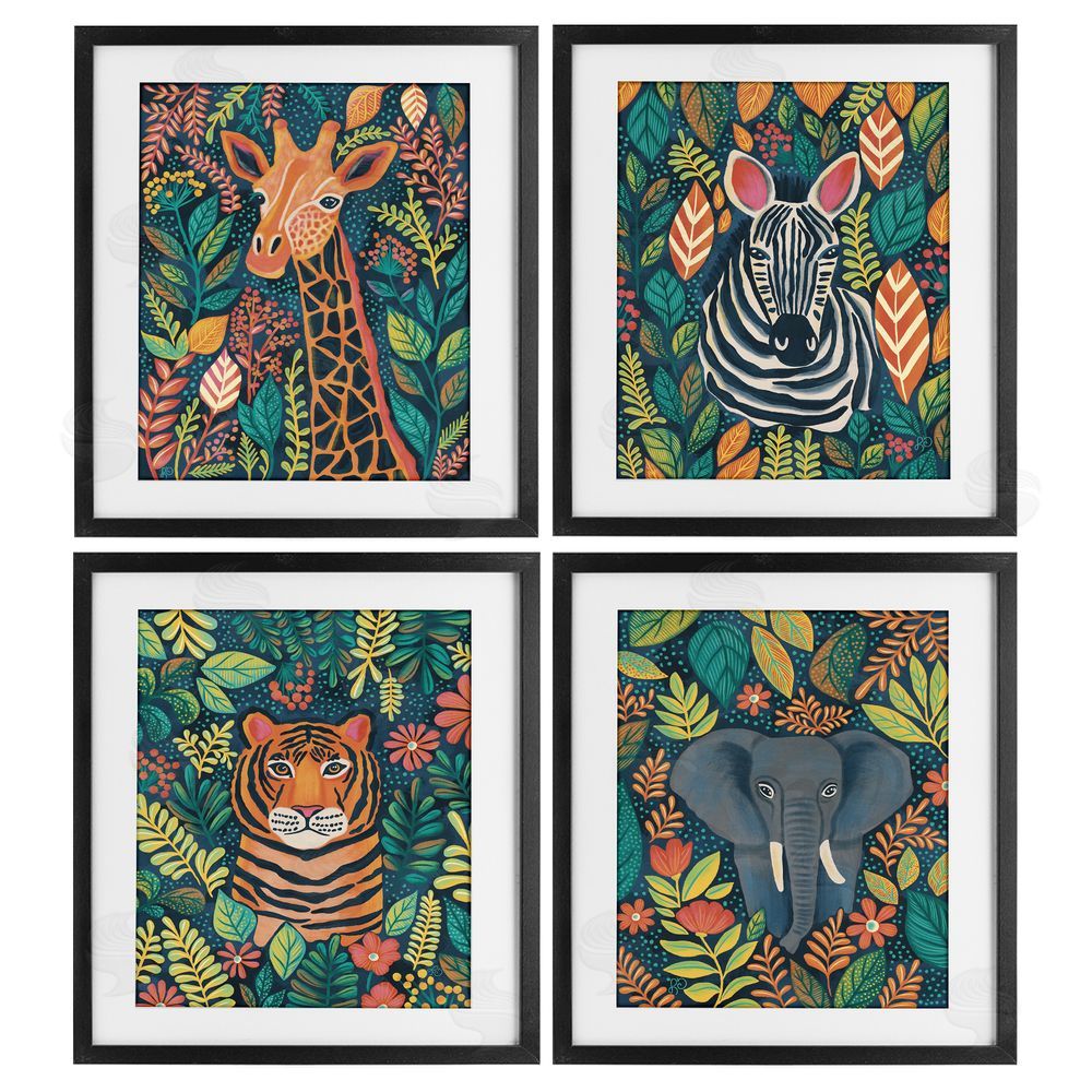 Lisa R Dumm Jungle Leaf Pattern Animals Black Framed Print Under Glass Wall Art