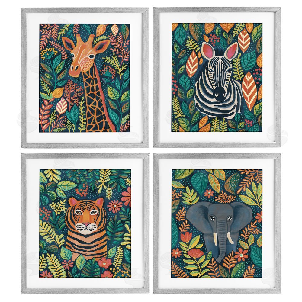 Lisa R Dumm Jungle Leaf Pattern Animals Gray Framed Print Under Glass Wall Art