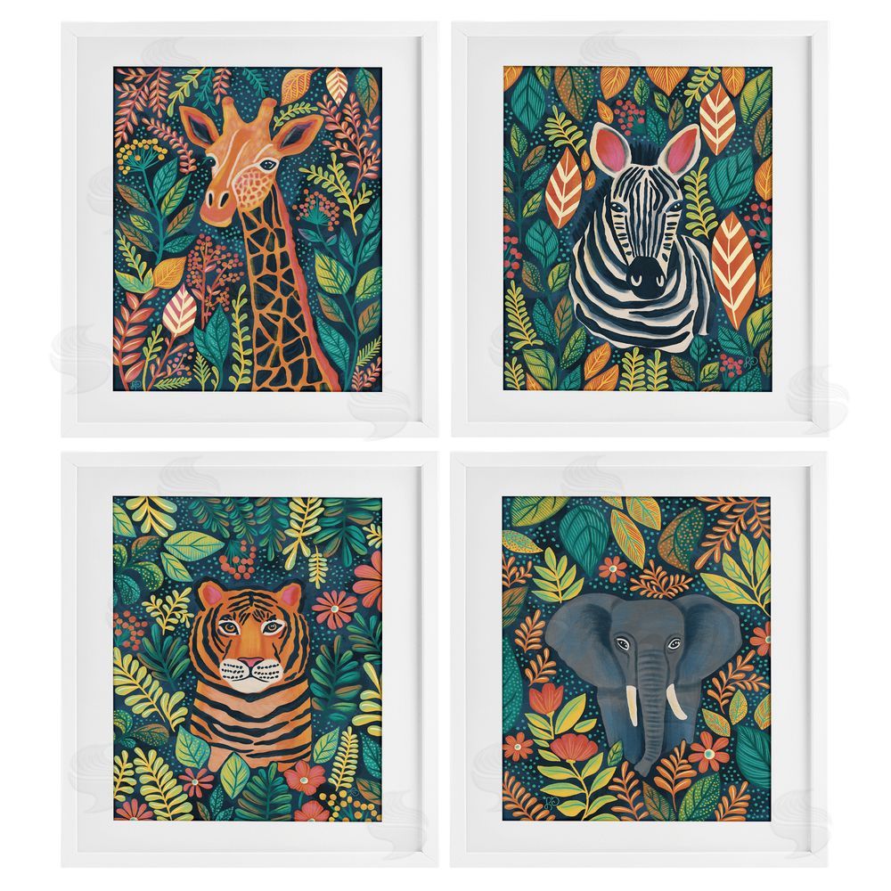 Lisa R Dumm Jungle Leaf Pattern Animals White Framed Print Under Glass Wall Art