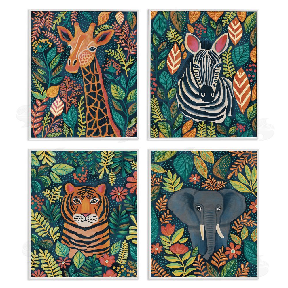 Lisa R Dumm Jungle Leaf Pattern Animals White Framed Giclee Wall Art